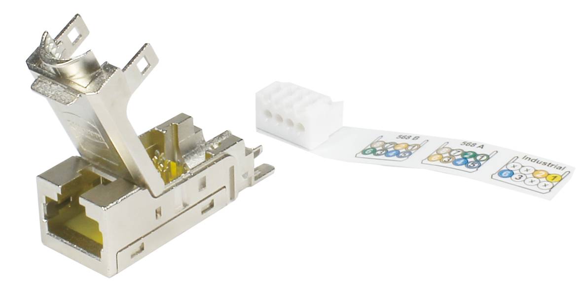 Een modulair RJ45-stekerhuis van metaal, gedeeltelijk geopend met een bekabelingsschema voor netwerkaansluiting.
