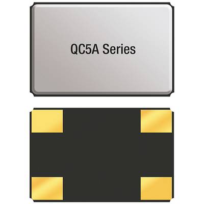 Boven: Grijs-zilveren chip met opschrift 'QC5A Series'. Onder: Achterkant van de chip met vier gele contactpunten.