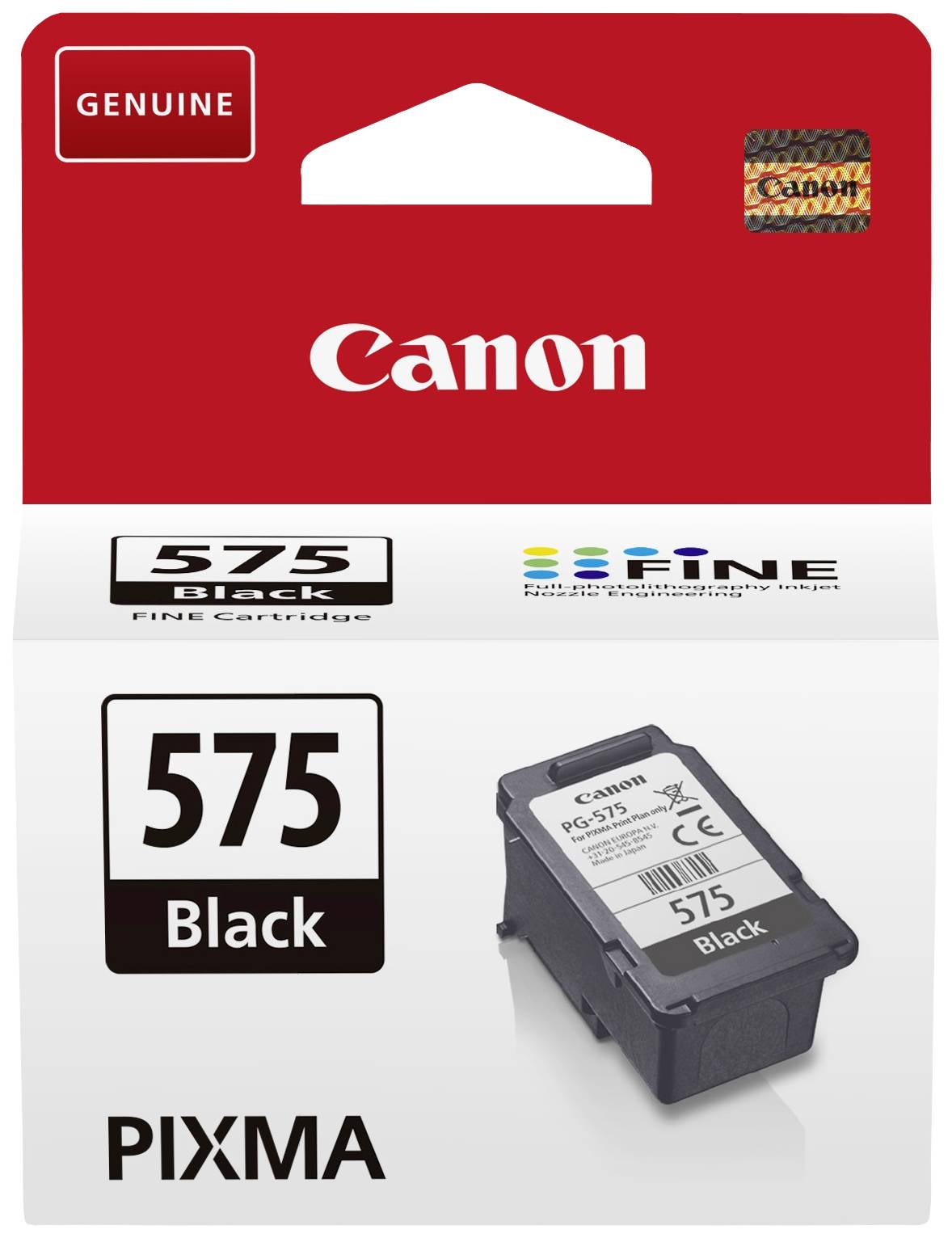 Canon inktpatroon 575 Zwart voor PIXMA-printers. Verpakking toont de patroon en benadrukt 'Origineel' en 'FINE Cartridge' technologie.