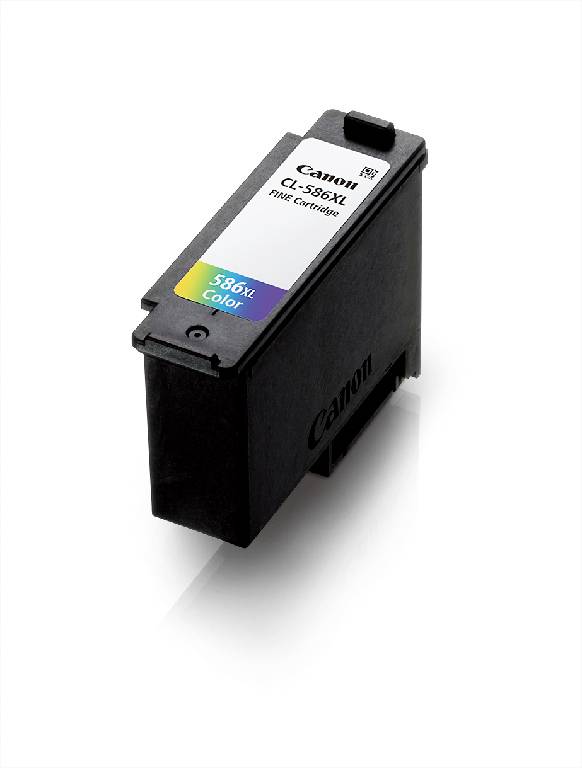 Inktpatroon in het zwart voor Canon-modellen, met het opschrift 'CL-586XL' en 'Color' met een groen, blauw en paars gedeelte.