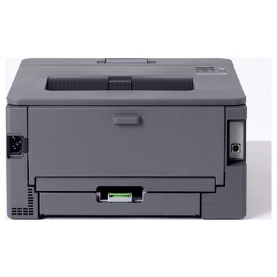 Grijze laserprinter met papieruitvoerlade bovenaan en bedieningselementen in de rechterbovenhoek; compacte kantoorapparatuur.