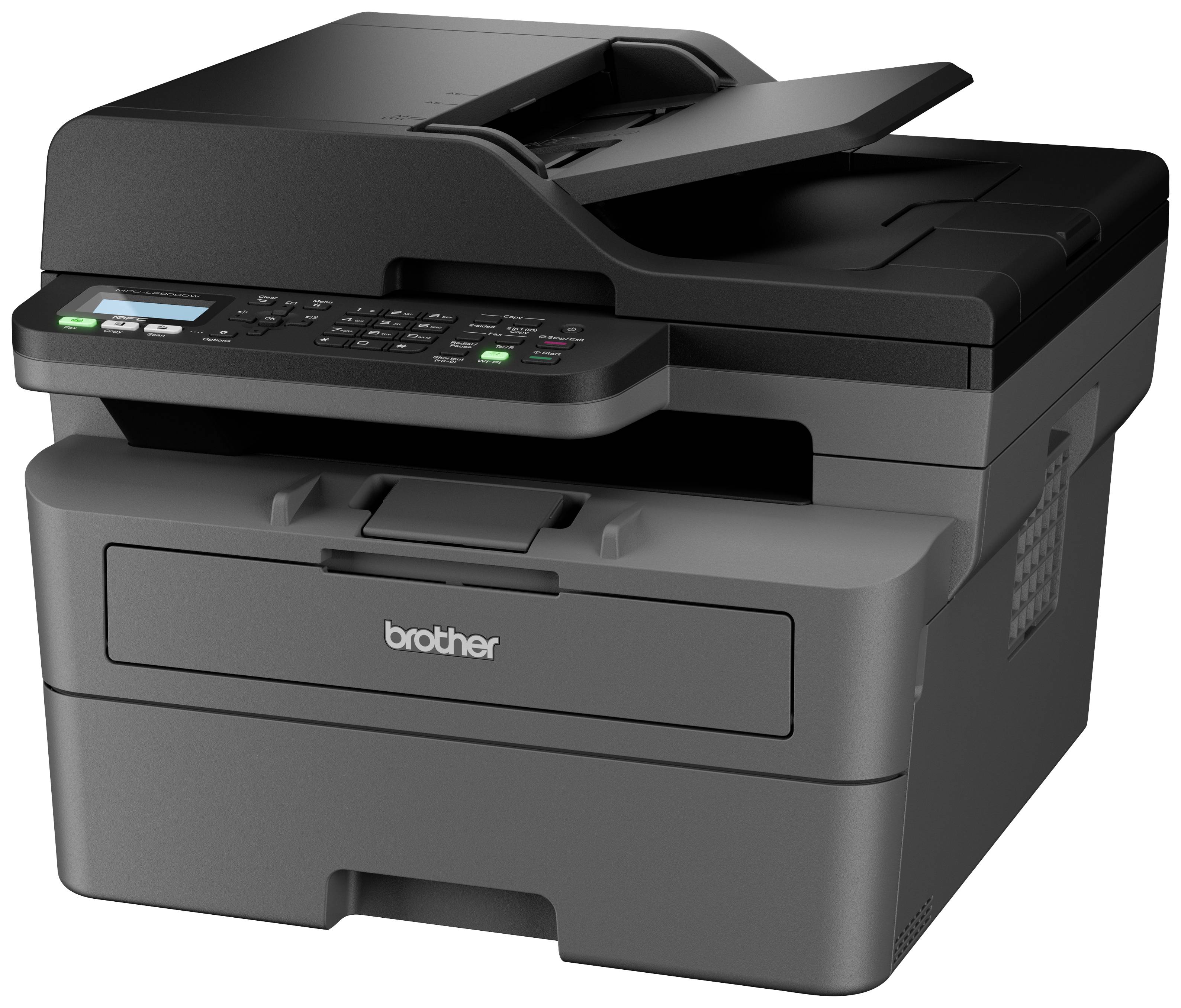 Een zwarte multifunctionele printer met bedieningspaneel en papierinvoer aan de bovenkant. 'Brother' markering aan de voorkant.