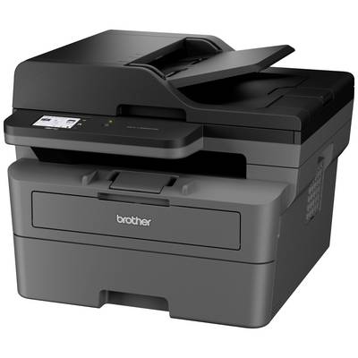 Een zwarte multifunctionele printer met scan-, kopieer- en printfuncties. Op de voorkant bevindt zich het bedieningspaneel met display.