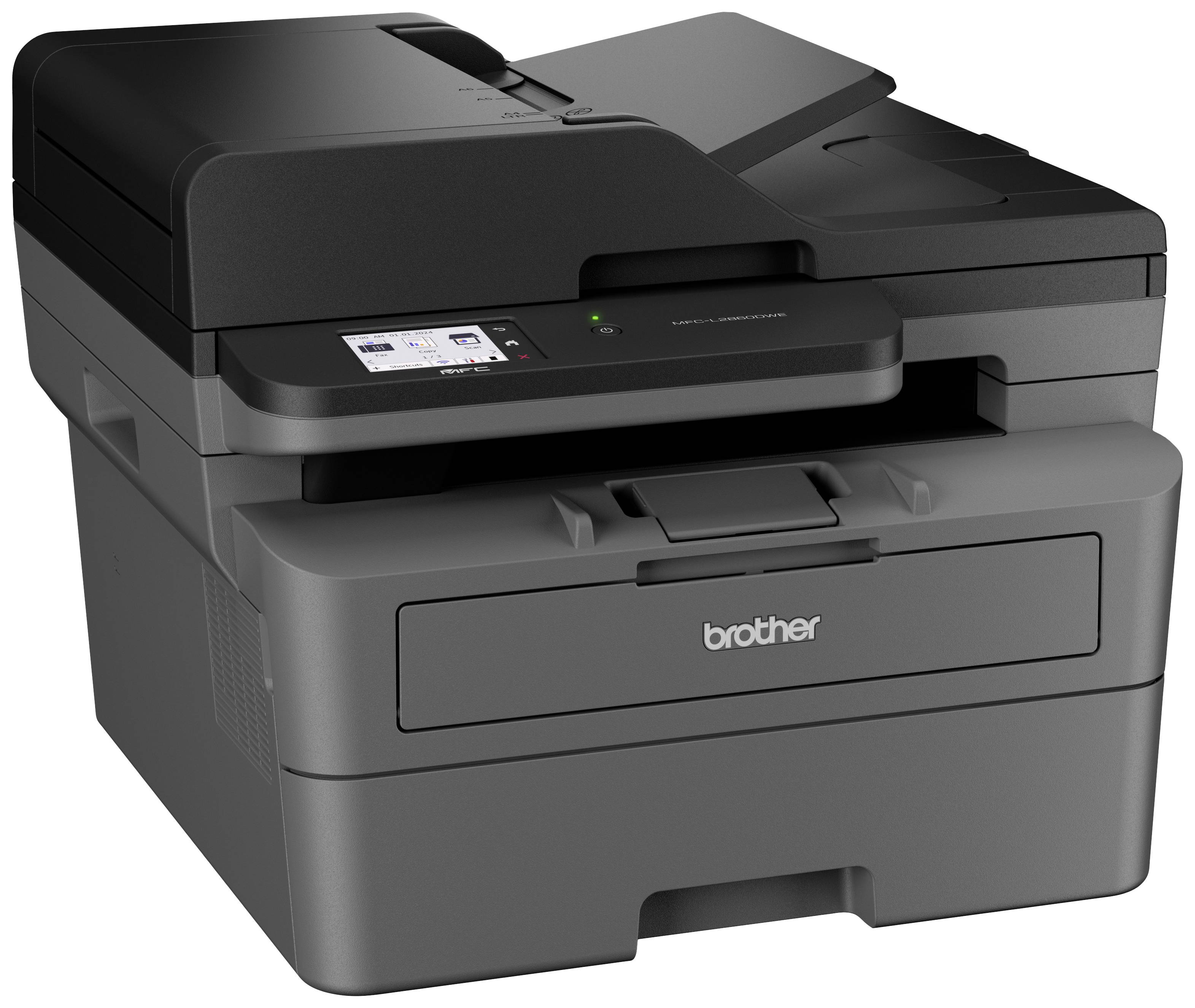 Multifunctionele printer met touchscreen bovenaan, papieruitvoerlade aan de voorkant en bedieningspaneel rechts. Merklogo onderaan de voorkant.