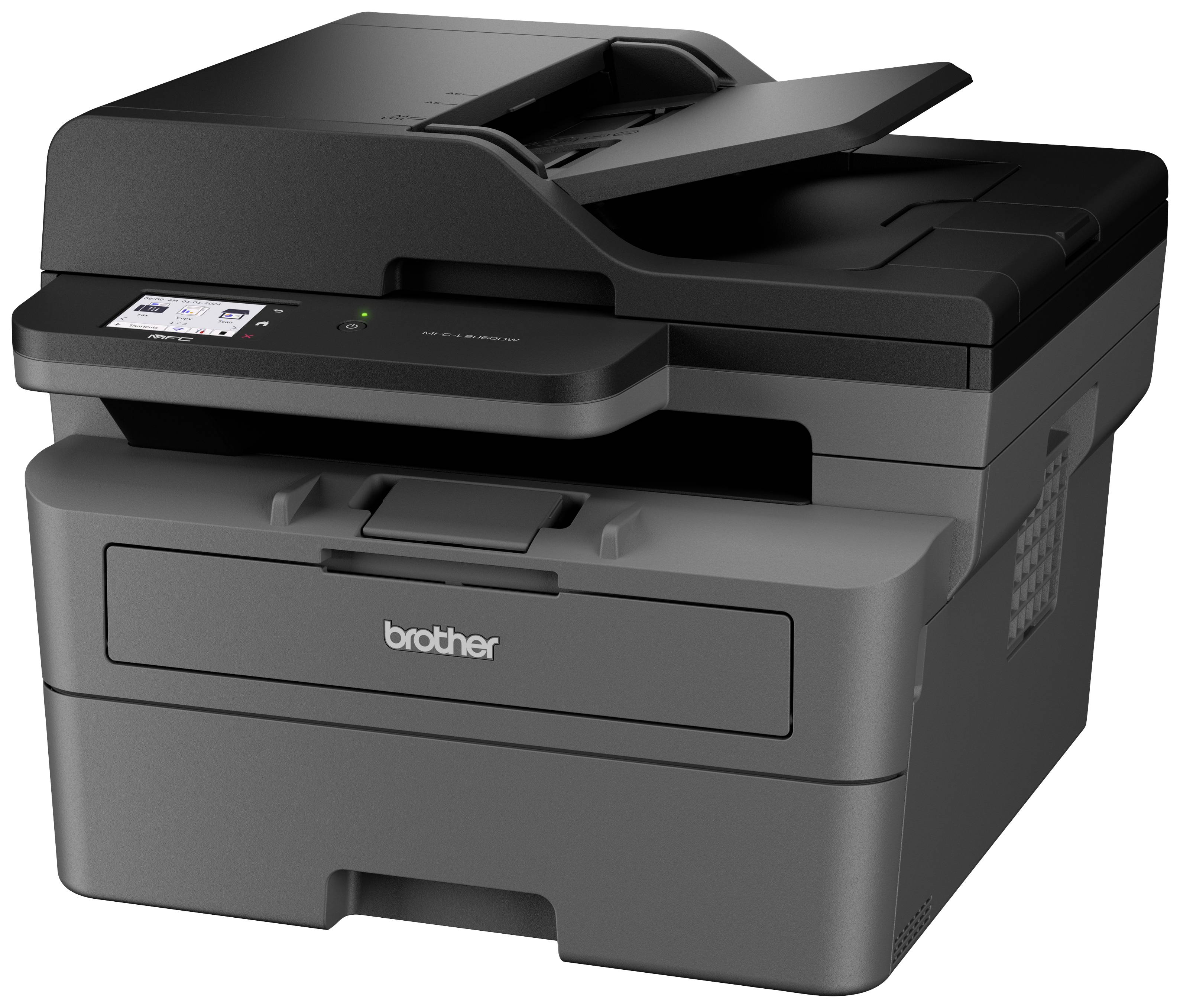 Een zwarte multifunctionele printer met scan- en kopierfuncties, merk 'Brother'. Geschikt voor kantoorgebruik.