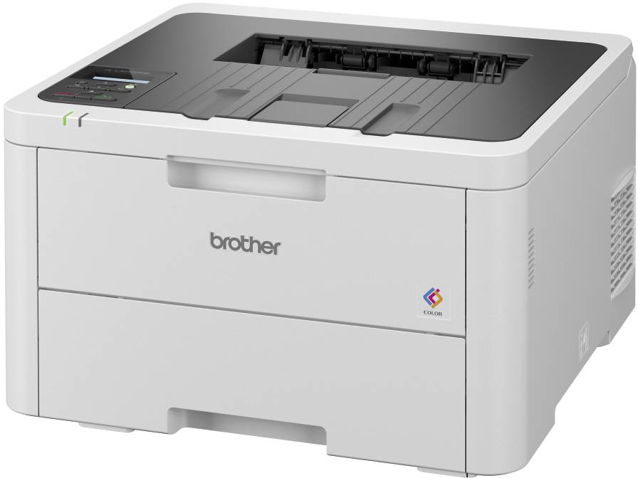 Een witte printer met een zwarte bovenkant. Op de voorkant staat 'brother' en een klein kleurensymbool is zichtbaar.