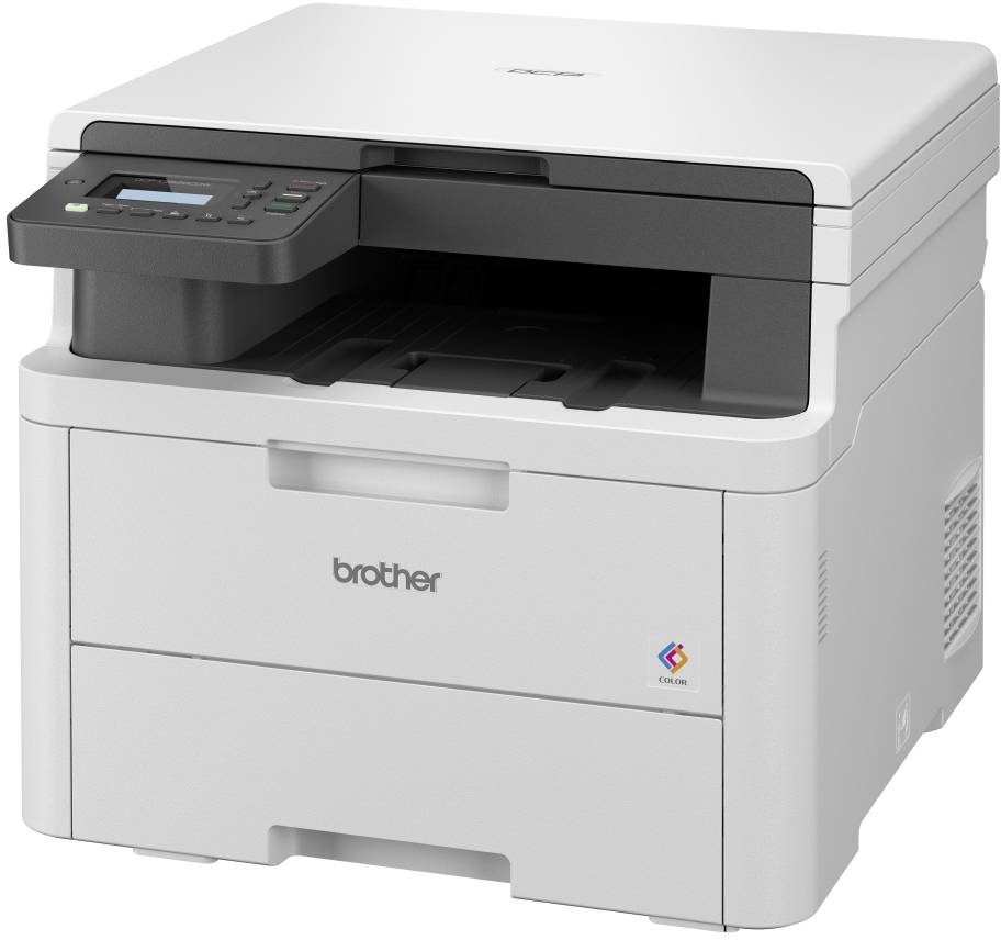 Een witte multifunctionele printer met bedieningspaneel en display aan de bovenkant, merk 'Brother', geschikt voor kantoorgebruik.