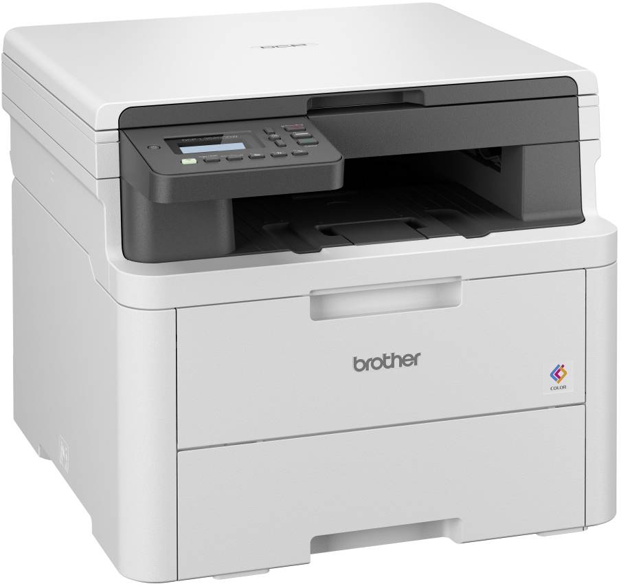 Een witte multifunctionele printer met bedieningspaneel bovenaan, merk 'Brother', geschikt voor printen, scannen en kopiëren.