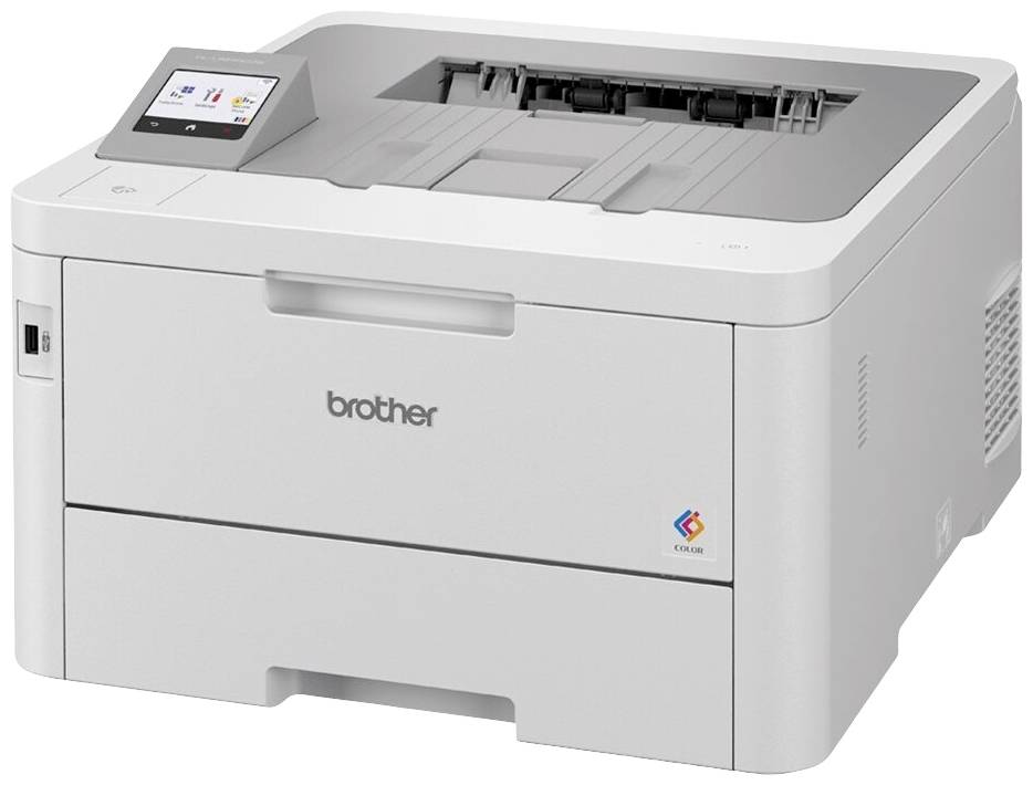 Een grijze laserprinter met bedieningspaneel voor bediening. Logo en modelnaam op de voorkant. Bovenste lade voor papieruitvoer herkenbaar.