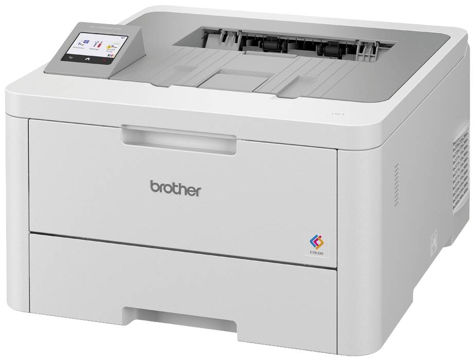 Een witte printer met een klein display aan de linkerbovenhoek en de tekst 'brother' op de voorkant.