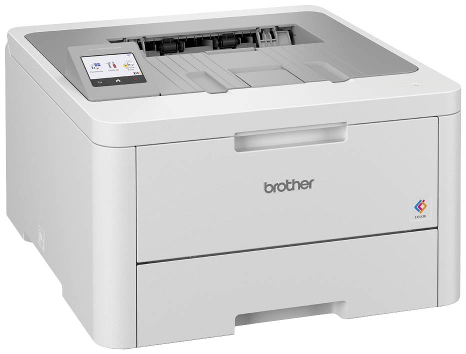 Een witte printer met het opschrift 'brother' aan de voorkant, blijkbaar geschikt voor zowel kleur- als zwart-witafdrukken.