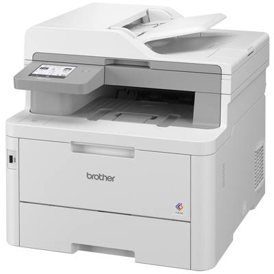 Een witte multifunctionele printer met een touchscreen-bedieningspaneel en een papierlade. Merknaam 'brother' zichtbaar op de voorkant.