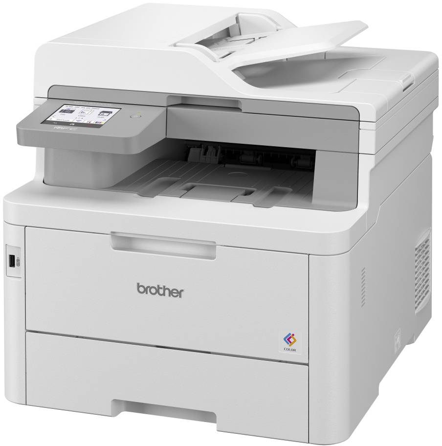 Een witte multifunctionele printer met geïntegreerd touchscreen, geschikt voor kantooromgevingen; model van Brother.