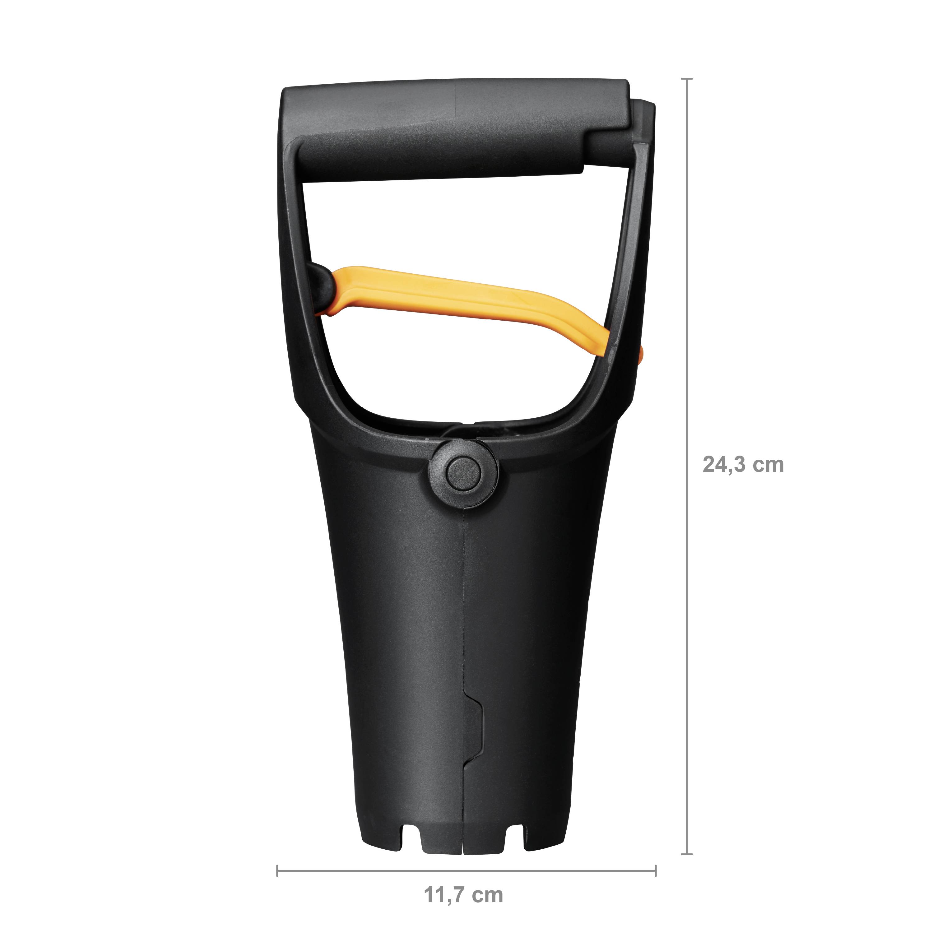 Zwarte, ergonomisch gevormde handgreep met oranje hendel; afmetingen: 11,7 cm breed x 24,3 cm hoog.