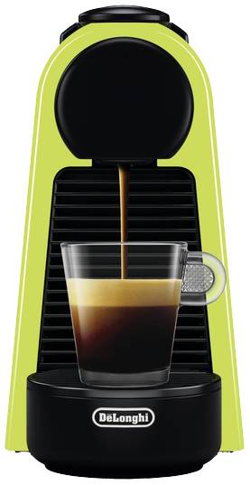 Groene koffiemachine maakt een espresso in een helder glas. Het merk 'DeLonghi' is zichtbaar.