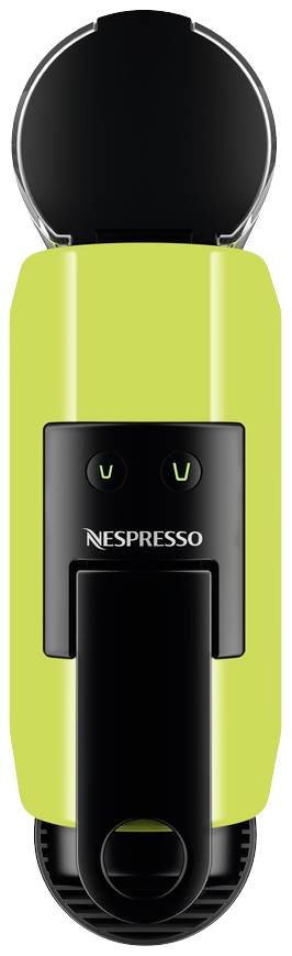 Kleine groene koffiemachine met Nespresso-logo, twee knoppen en een kopjeshouder. Ideaal voor espresso's thuis.