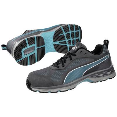 Grijze sportschoen met turquoise accenten, een zijdelingse logostreep en een goede grip dankzij de rubberen zool, geschikt voor hardlopen.