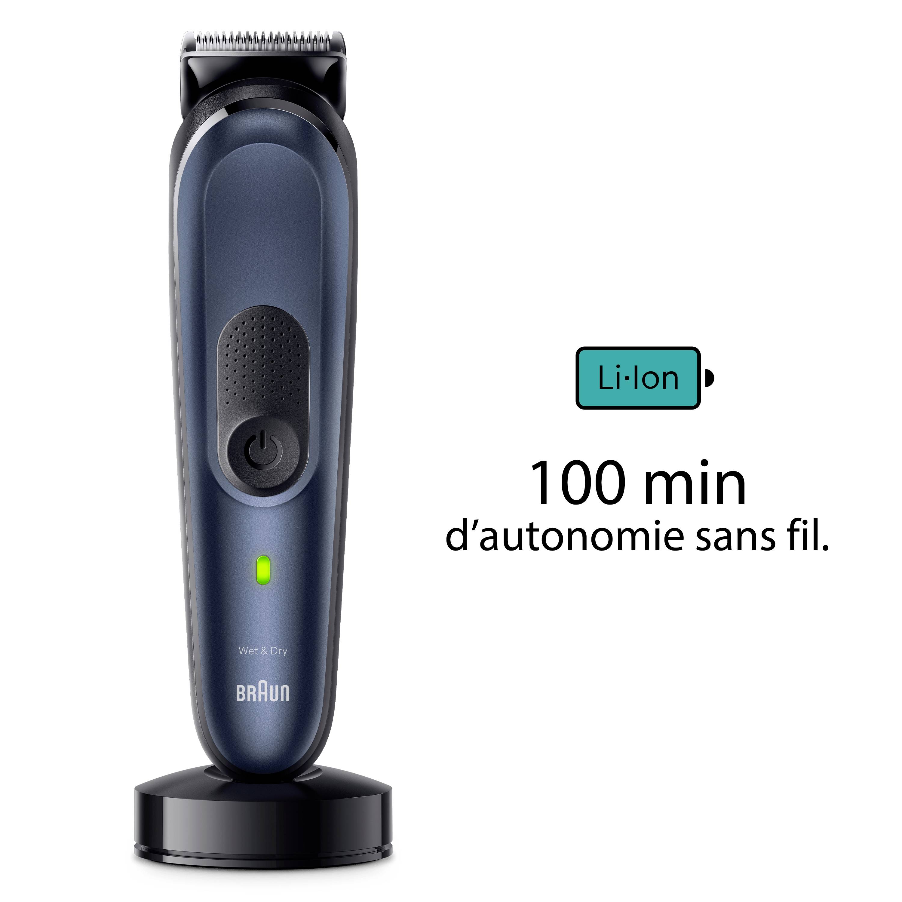 Elektrische scheerapparaat met oplaadstandaard, biedt 100 minuten draadloos gebruik. Batterij-icoon toont Li-Ion-technologie.