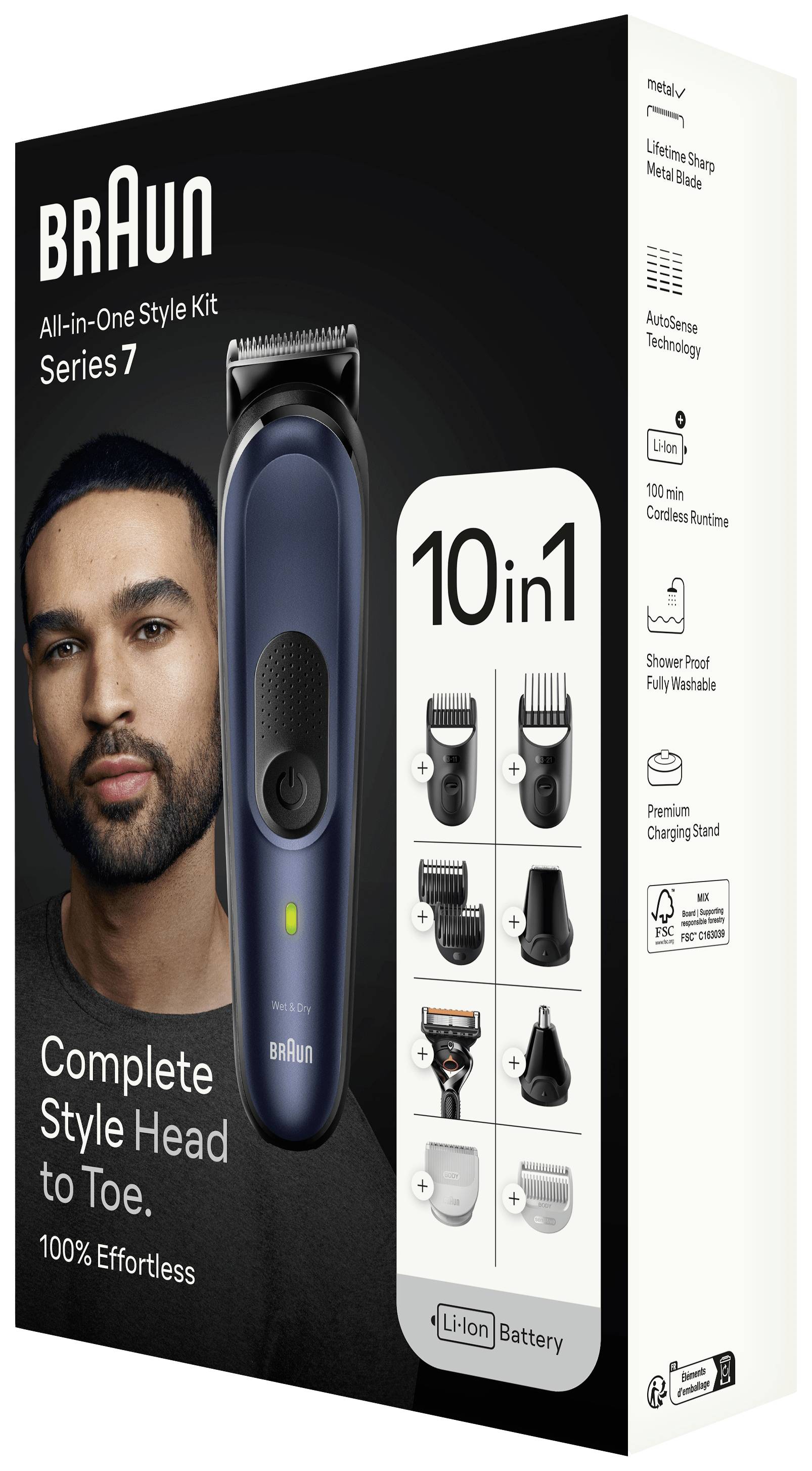 'Braun Series 7 All-in-One-Style-Kit met verschillende opzetstukken. Complete styling van hoofd tot teen, 100% moeiteloos.'