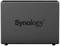 Een zwarte Synology NAS-eenheid met het Synology-logo in het midden. Drie groene LED-indicatoren branden aan de linkerkant.