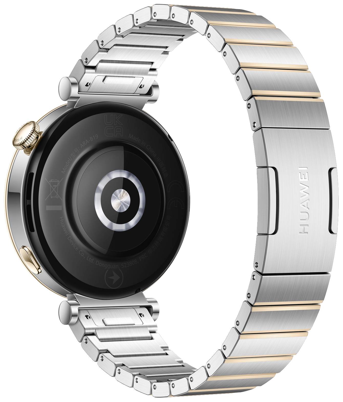 Elegante smartwatch met rond wijzerblad en metalen bandje, toont een moderne combinatie van zwart en zilver.