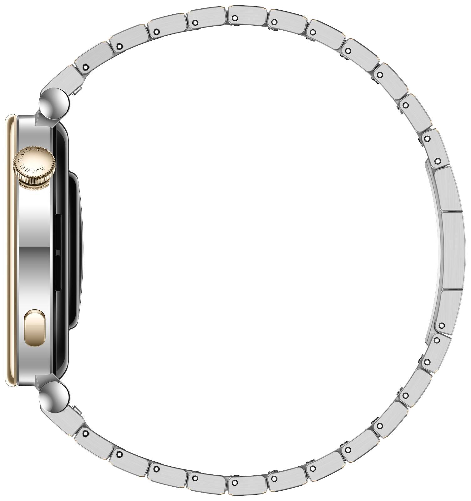 Een pagina van een smartwatch met een metalen bandje, digitale kroon en een plat behuizing van roestvrij staal met gouden accenten.