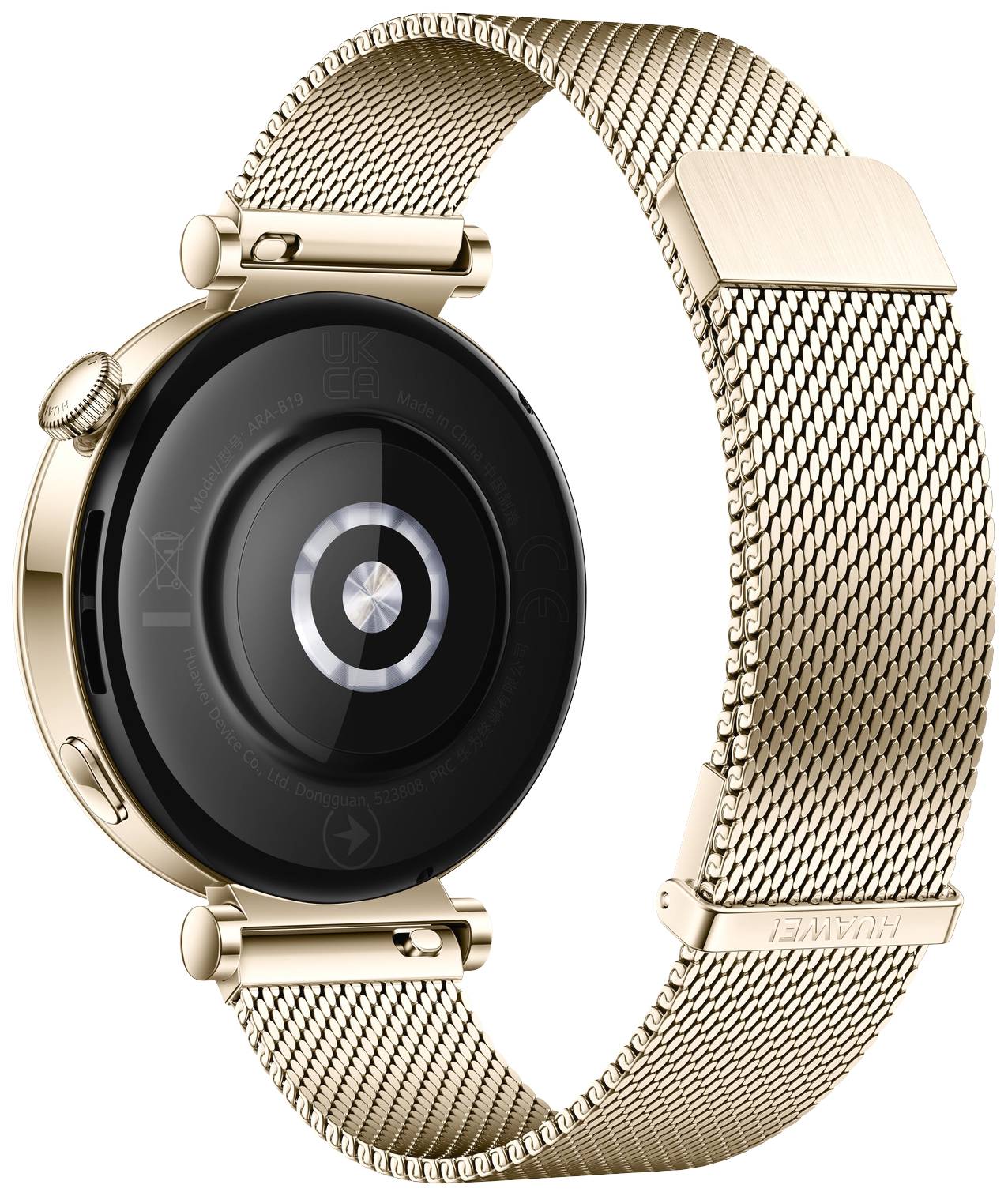 Gouden smartwatch met rond horloge en metalen bandje, achterkant met hartslagmeter. Elegant, modern design.