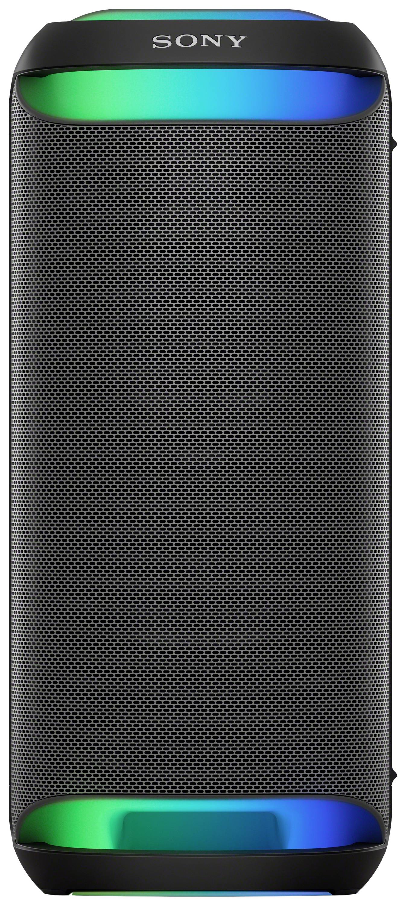 Draagbare luidspreker met LED-verlichting boven en onder, merknaam 'SONY' zichtbaar aan de voorkant.