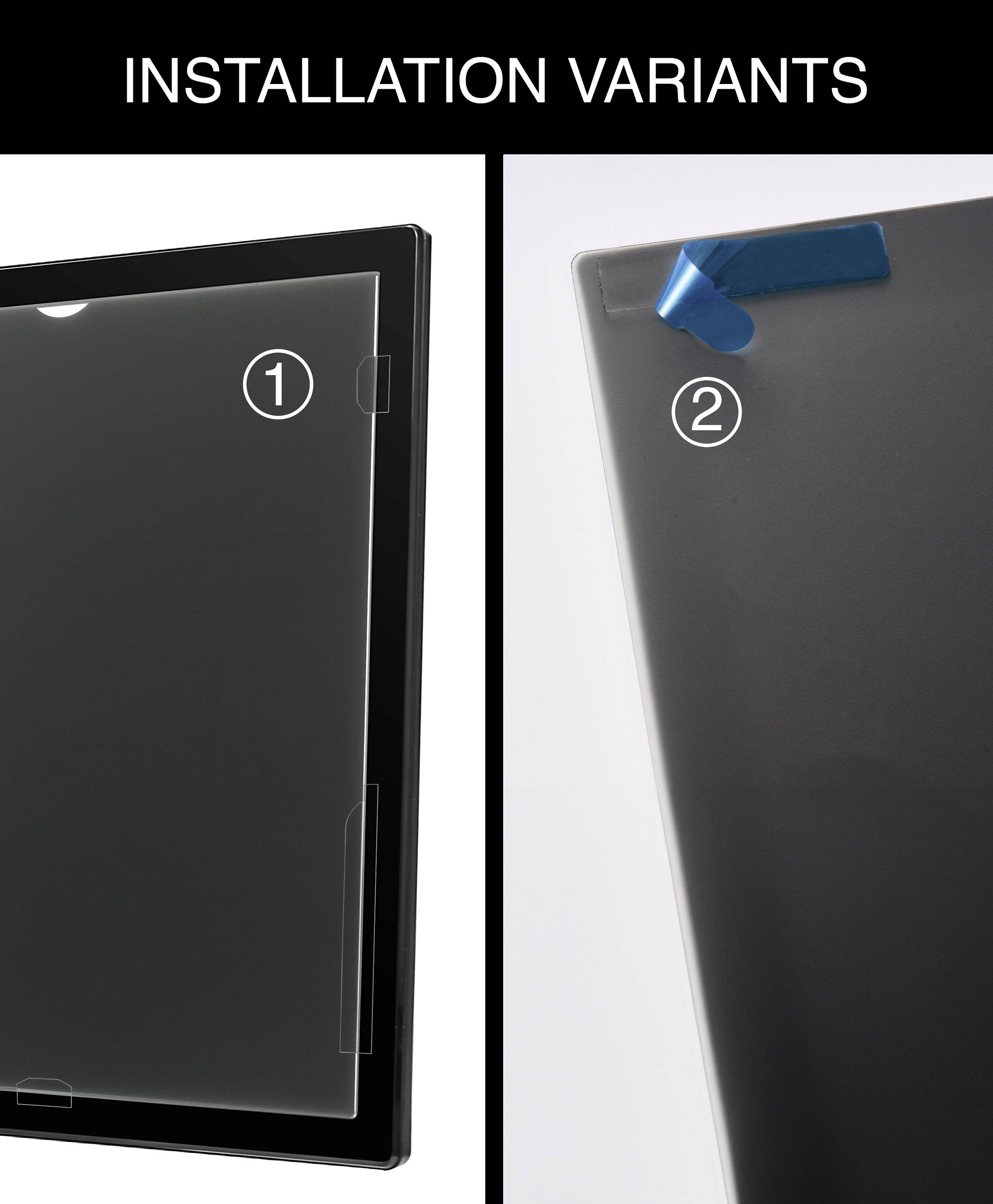 'Installatievarianten': Twee installatievarianten van een beschermingsfilm. Links: Positionering door clips. Rechts: Bevestiging met plakstrips.