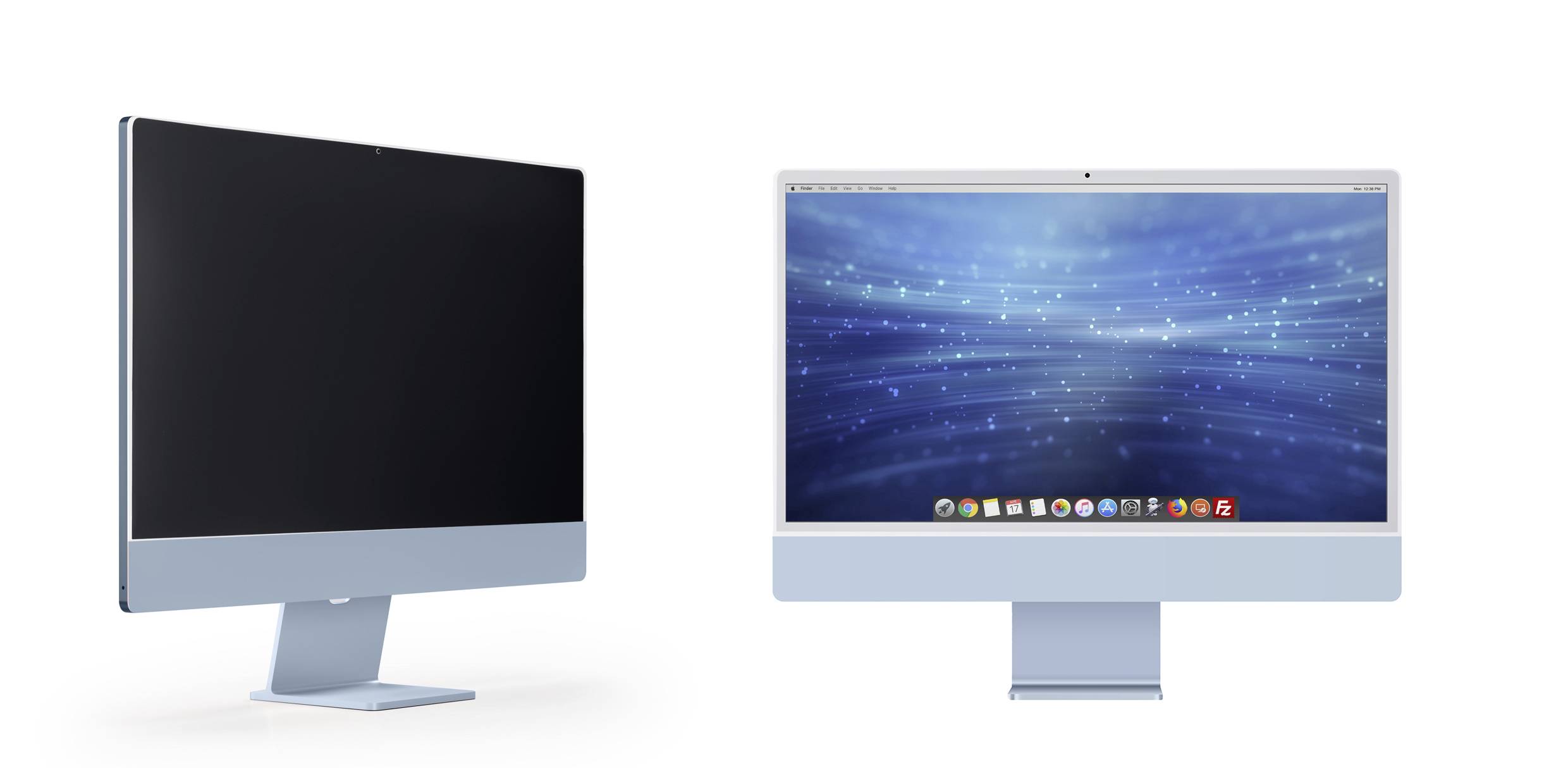 Twee moderne desktopcomputers; links een beeldscherm met een zwart display, rechts een computer met een blauwe achtergrond en pictogrammen.