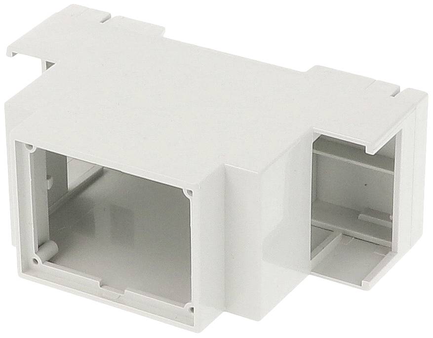 Witte kunststof-adapter voor Ethernet-stekkers. Rechthoekige vorm met aansluitingen aan beide uiteinden, bestemd voor het verbinden van netwerkkabels.