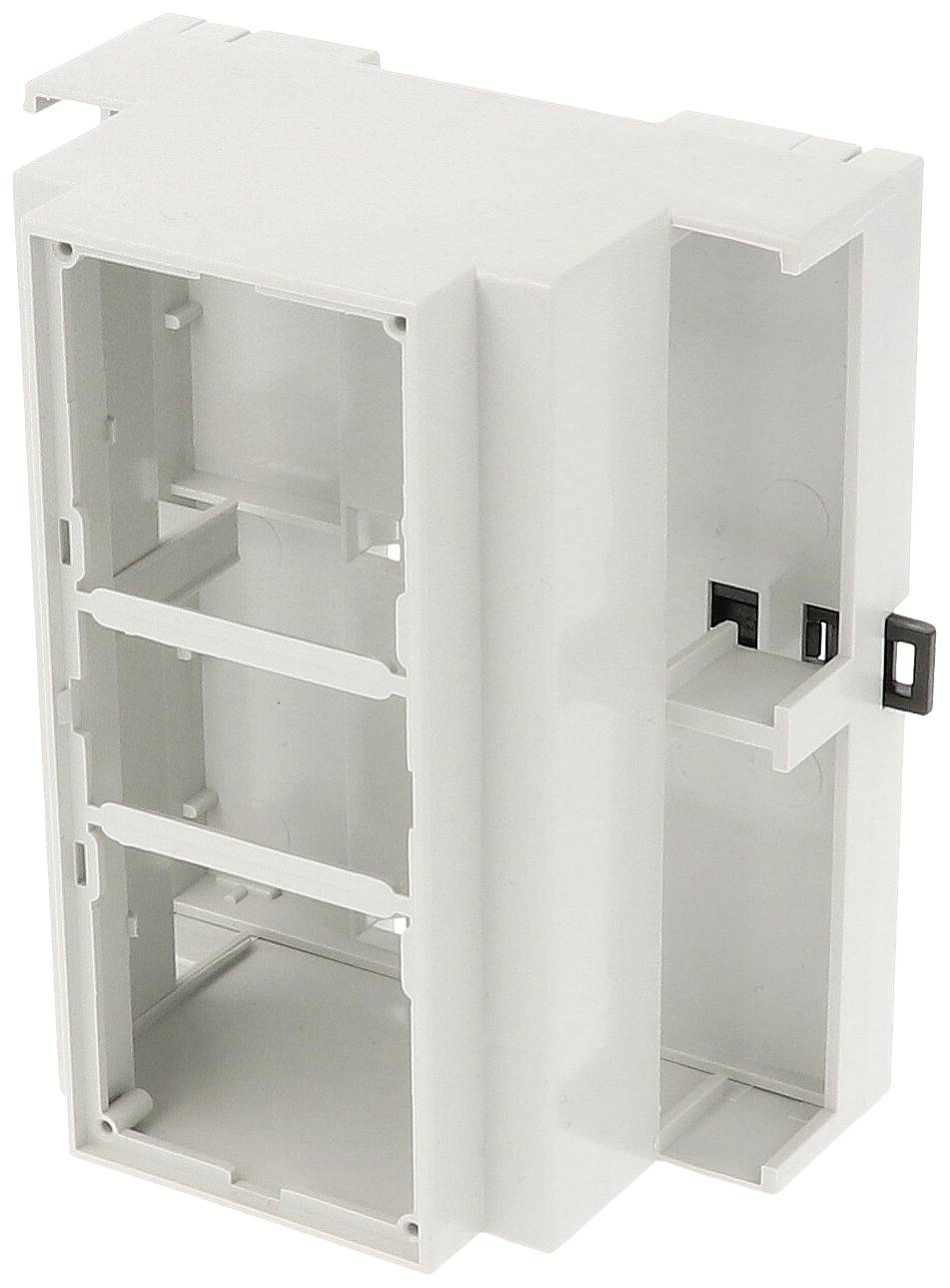 Een rechthoekige, witte kunststof adapter met meerdere aansluitplaatsen en bevestigingsoren, geschikt voor montage in elektrische schakelkasten.
