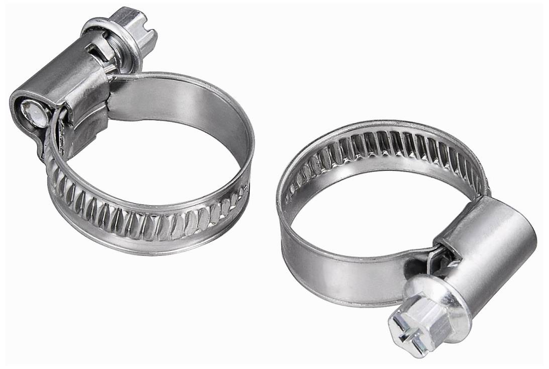 Twee metalen slangklemmen op een witte achtergrond, een staand, een liggend, beide met een schroefmechanisme om te bevestigen.