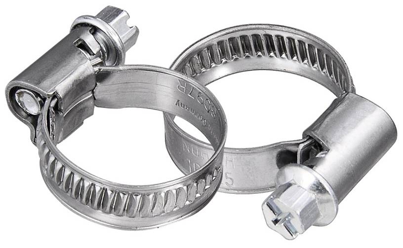 Twee zilveren metalen slangklemmen liggen op een wit oppervlak.