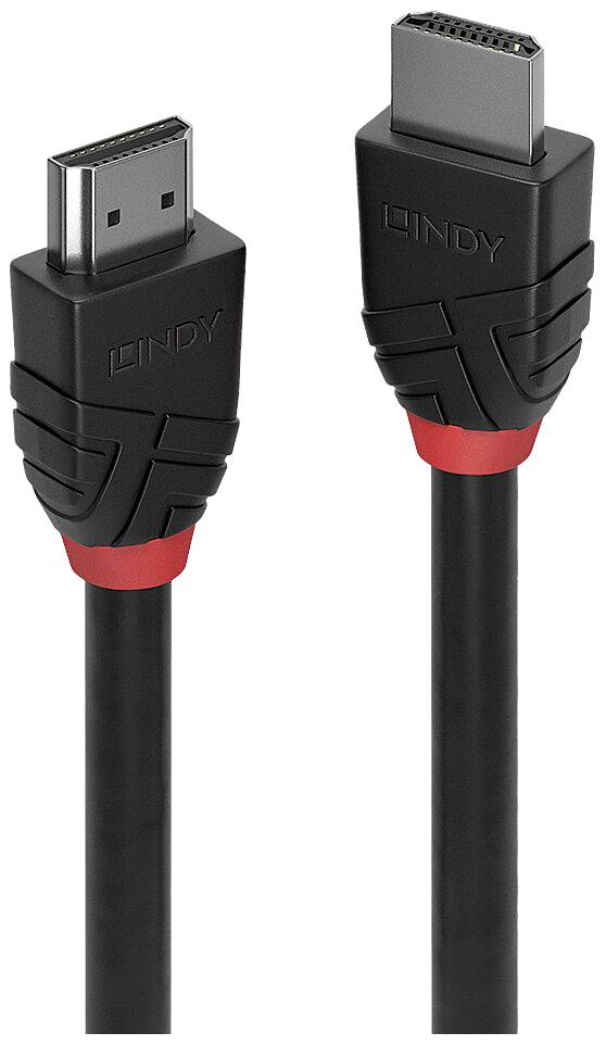 Twee zwarte HDMI-kabels met rode accenten en de opdruk 'Lindy' op de connectoren.
