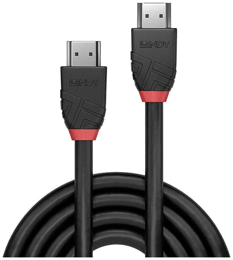 HDMI-kabel van Lindy, zwart met rode accenten, toont twee aansluitingen. Geschikt voor audio- en videotransmissie.