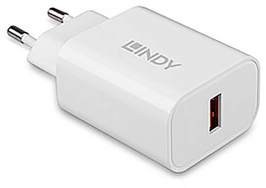 Wit USB-oplader met Europese stekker en 'LINDY'-opdruk. Geschikt voor het opladen van apparaten via een USB-aansluiting.
