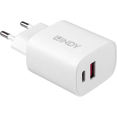 Een witte USB-wandlader met EU-stekkers en twee USB-poorten, waarvan één rood gemarkeerd. Merknaam 'LINDY' afgedrukt.