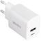Wit USB-oplader met twee pluggen en 'LINDY'-logo, geschikt voor Europese stopcontacten.