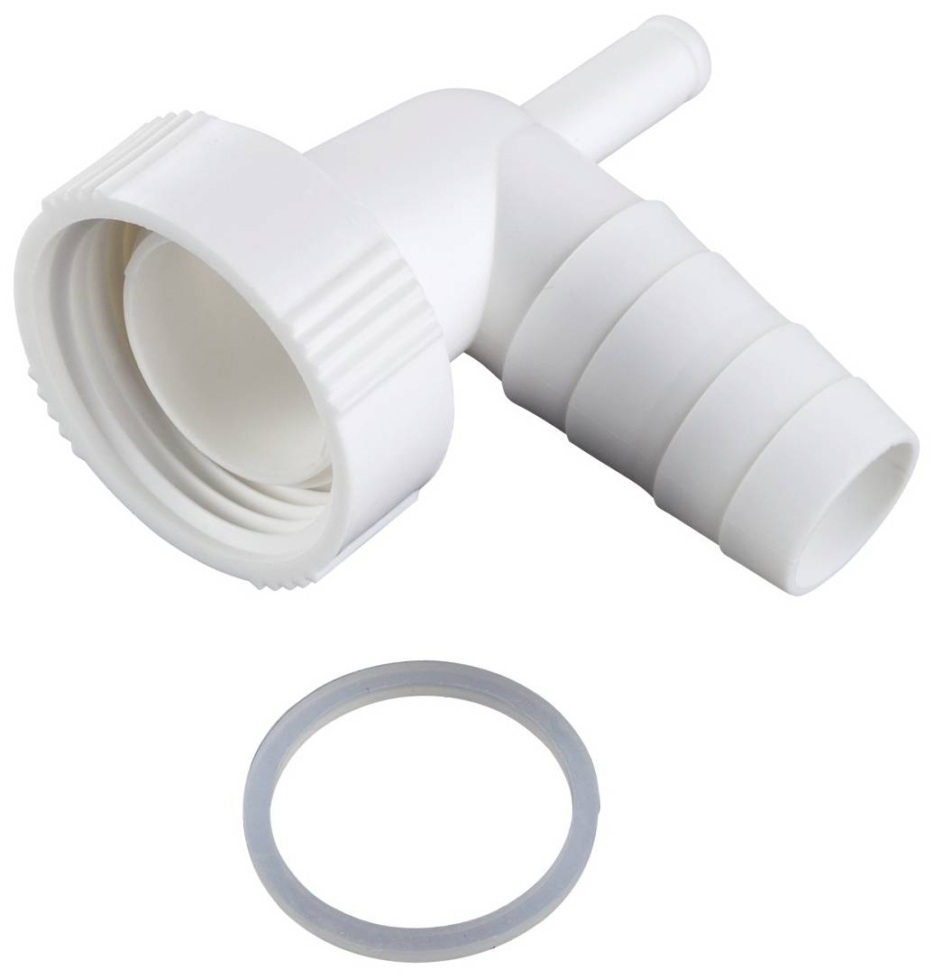 Witte kunststof kabelwartel met een ruwe schroefdraad en een afzonderlijke afdichtingsring eronder, tegen een witte achtergrond.