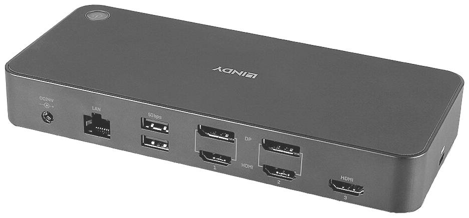 Een zwarte dockingstation met meerdere aansluitingen: LAN, twee USB-poorten en vier video-uitgangen, ideaal voor laptops.