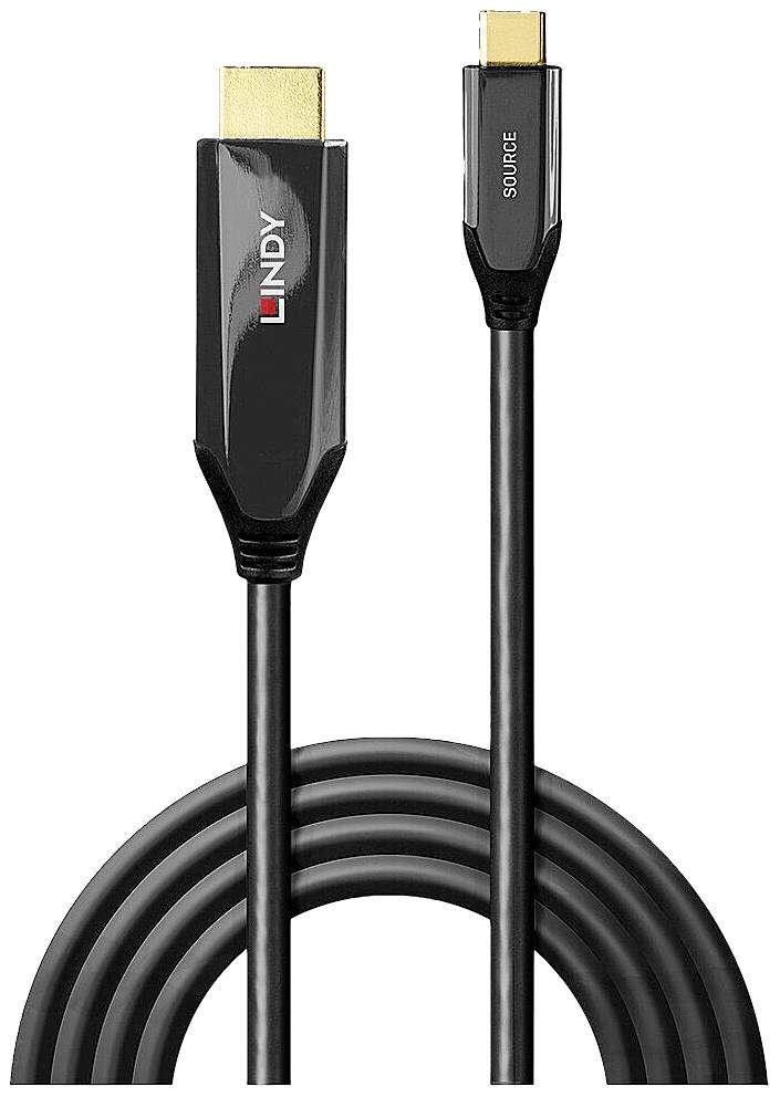 Een zwarte HDMI-kabel van het merk Lindy met goudkleurige aansluitingen. Links is de HDMI-connector zichtbaar en rechts de kleinere connector.