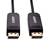 Twee zwarte DisplayPort-stekkers met 'SOURCE' en 'DISPLAY' aanduidingen op de aansluitingen, verbonden door een kabel.