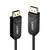 Een zwarte LINDY DisplayPort-kabel met twee connectoren, gemarkeerd met 'SOURCE' en 'DISPLAY'. Geschikt voor beeldschermverbindingen.
