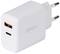Een wit USB-oplader met een USB-A- en een USB-C-aansluiting. Geschikt voor Europese stopcontacten.