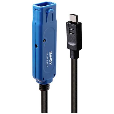 Een blauw, rechthoekig apparaat met 'Lindy'-opschrift, verbonden met een zwarte USB-C-stekker.