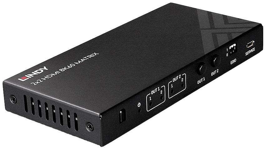 Een zwart HDMI-matrixapparaat met twee ingangen en twee uitgangen, geschikt voor 8K-videooverdracht. Het draagt de opdruk '2x2 HDMI 8K60 MATRIX'.