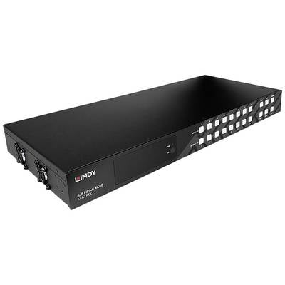 Zwarte HDMI-matrix met meerdere ingangs- en uitgangspoorten, evenals knoppen voor bediening.
