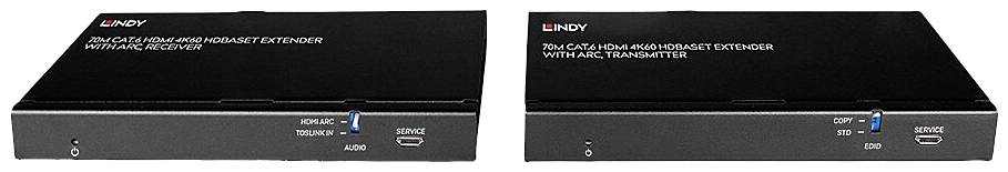 Twee zwarte apparaten met de opschrift '70m CAT6A HDMI 4K60 Extender'. Links: Ontvanger, rechts: Zender, beide met HDMI-aansluiting.