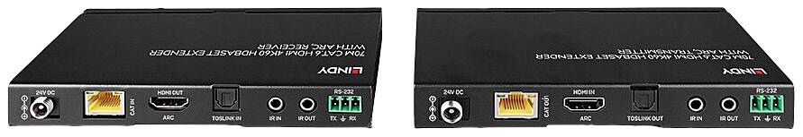 Twee zwarte elektronische apparaten naast elkaar met HDMI-, netwerk- en audio-aansluitingen. Merkenlogo linksboven op elk apparaat.